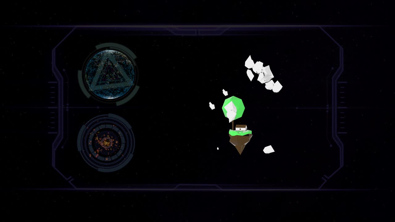 흑색 배경 위에 떠다니는 낮은 폴리 만화 섬과 결합된 hud 요소.