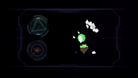 hud elements in combination with low-poly cartoon island floating over black background.