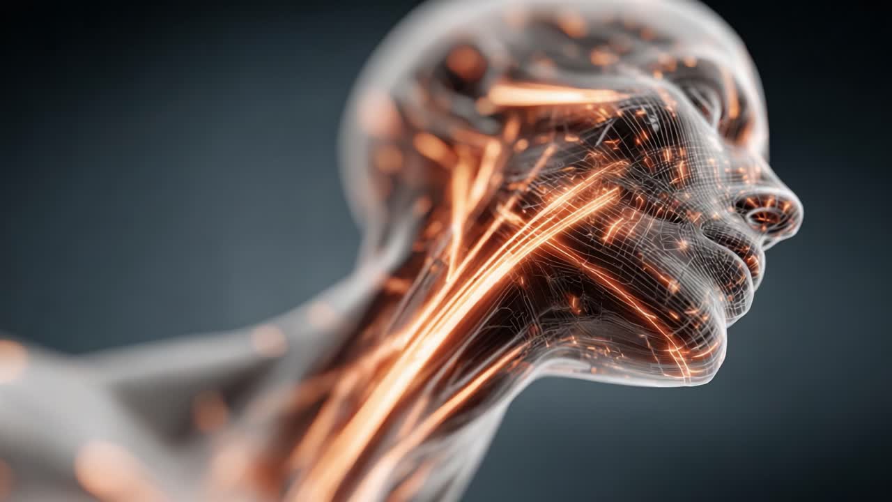 A detailed exploration of a futuristic humanoid figure showcasing intricate glowing neural pathways and a sleek design, embodying the fusion of technology and humanity