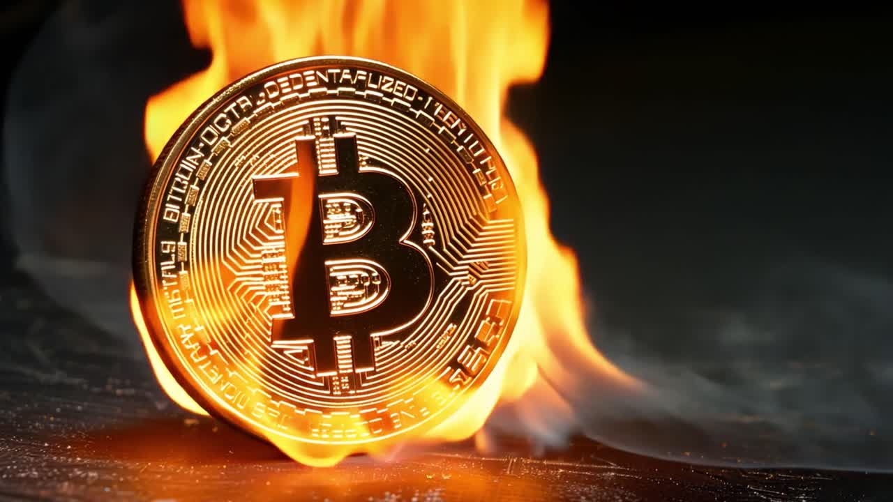 Bitcoin Coin Engulfed in Flames Representing Market Volatility
