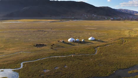 aerial view of yurts on mongolian steppe