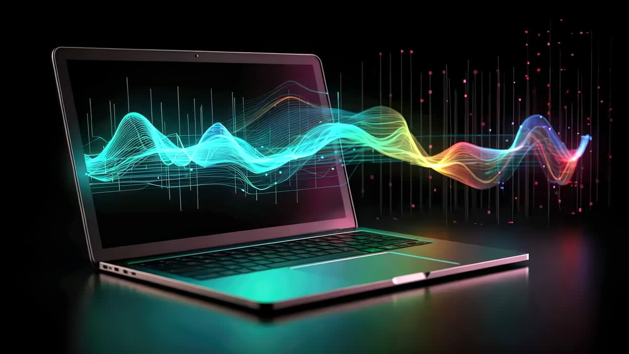 Laptop Displaying Abstract Digital Data Visualization or Sound Waves