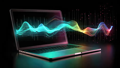 laptop displaying abstract digital data visualization or sound waves