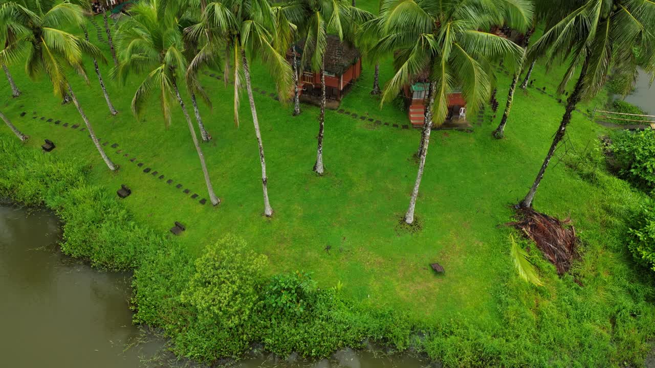 Una ripresa aerea con drone accanto a un lago Laguna mostra alberi e piccole capanne nipa, catturando l'atmosfera pacifica e rustica dell'ambiente lacustre calmo e ricco di natura.