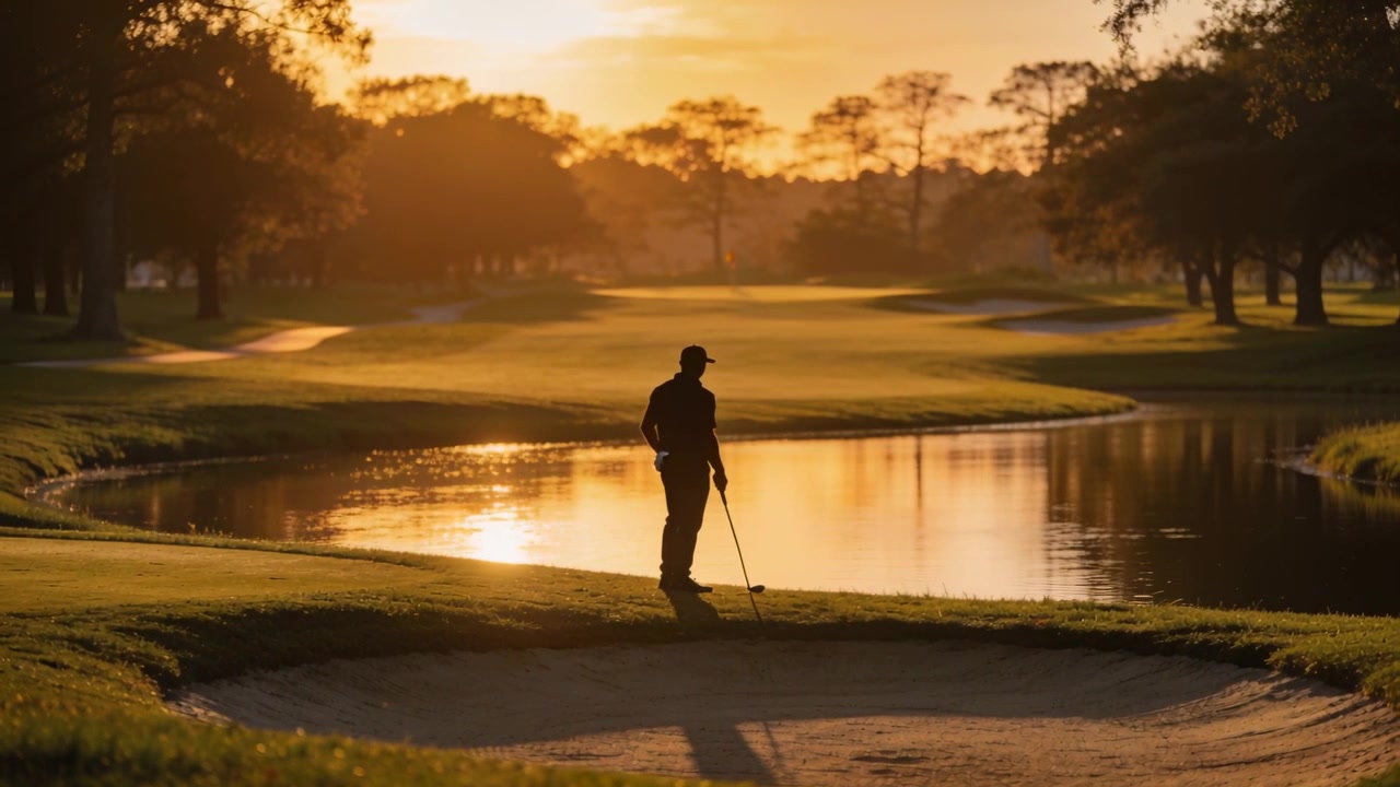 Golfer past zich aan door lage zon, bereidt slag voor bij de rand van de bunker naast de vijver, met pet en golfclub.