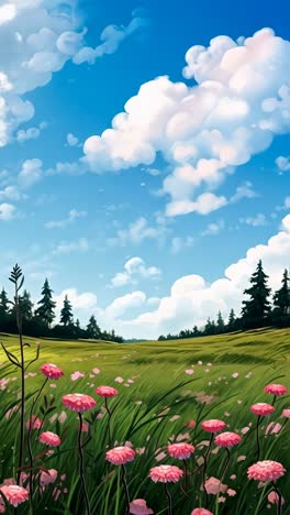a vibrant, low-angle video concept of a serene meadow with pink flowers, lush green grass