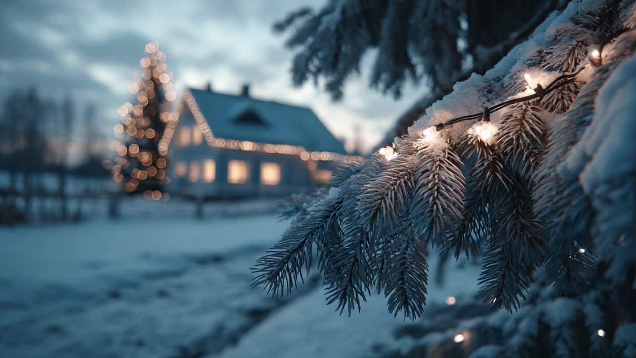 A Captivating Winter Scene Featuring a Snow-Covered House Illuminated by Festive Lights Amidst a Frosty Landscape with Pine Trees