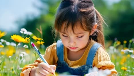 a little girl is writing in a field of flowers