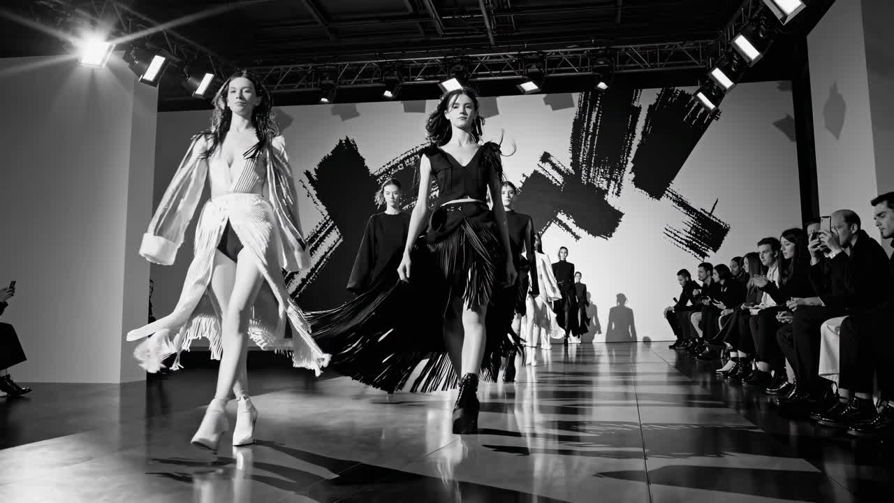 Black and white video of a fashion runway show, captured from a low angle, highlighting models