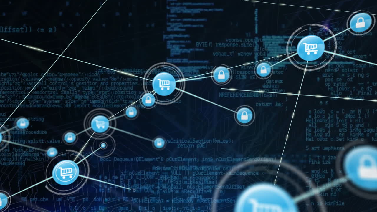 animación de iconos conectados y lenguaje informático sobre fondo negro