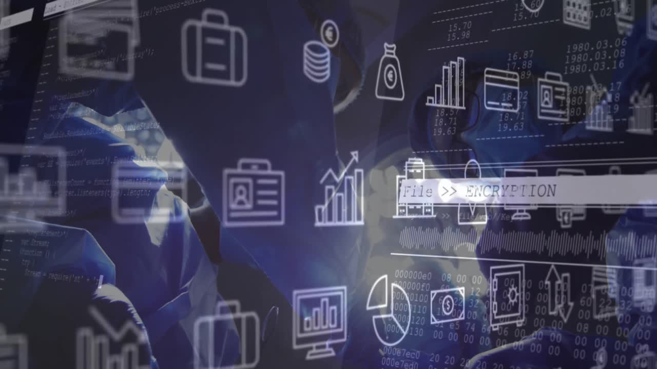 animación de iconos médicos sobre varios médicos con máscaras faciales