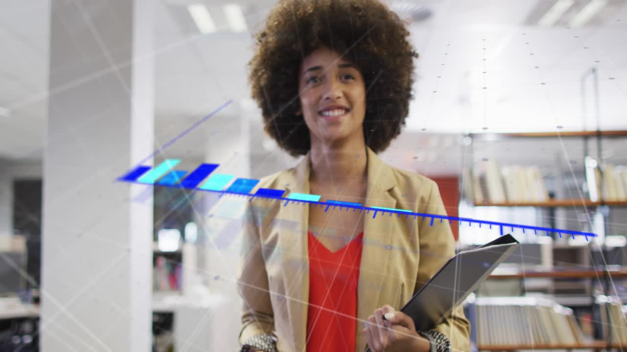 Woman tapping smartphone in office generating 3D bar chart overlaying torso to show business growth