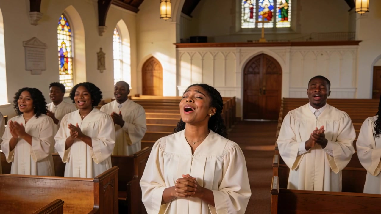 Singing singer in choir robe clasping, tilting head as hymn starts, leading worship in church