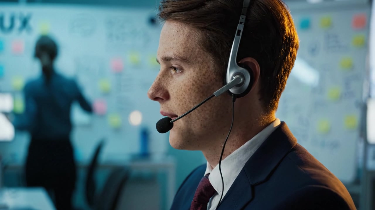 Focused Professional in Headset Engaging in Virtual Communication Within a Modern Office Environment for Collaboration and Innovation