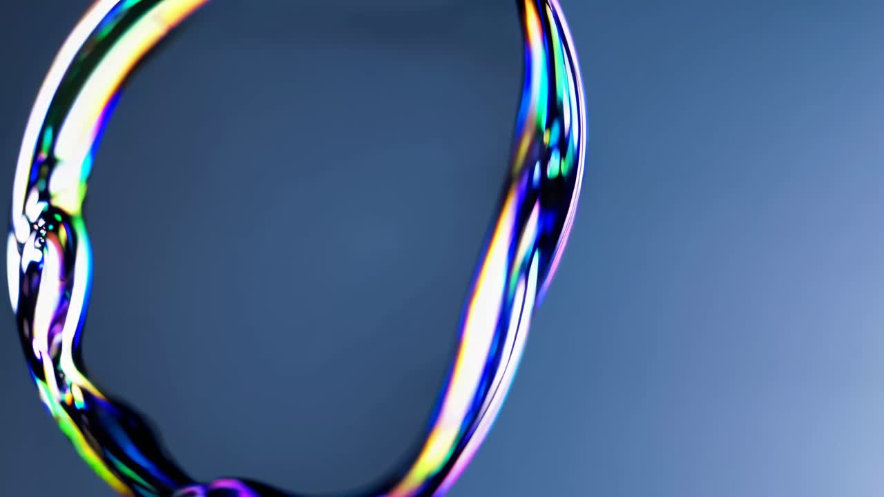 Close-up video of a colorful soap bubble against a blurred blue background, captured from a side