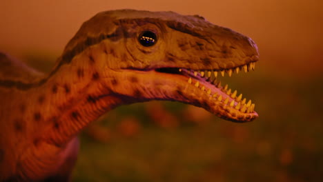 robot de la cabeza de un pequeño dinosaurio depredador que se mueve en el museo de historia natural