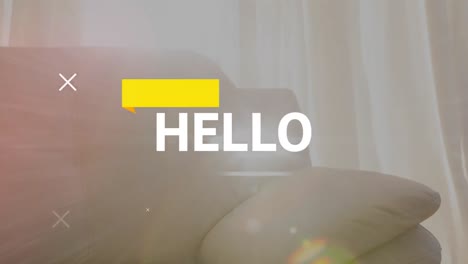 Animation-of-hello-text-in-white-with-white-markers-over-sofa-in-living-room-with-glowing-lights