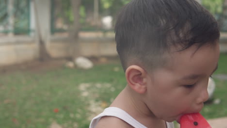 Shallow-depth-of-field-video-of-a-parent-hand-holding-a-refreshing-watermelon-popsicle-ice-cream-and-Cute-Asian-boy-running-to-take-it-and-eat-it-to-enjoy-a-hot-summer-day