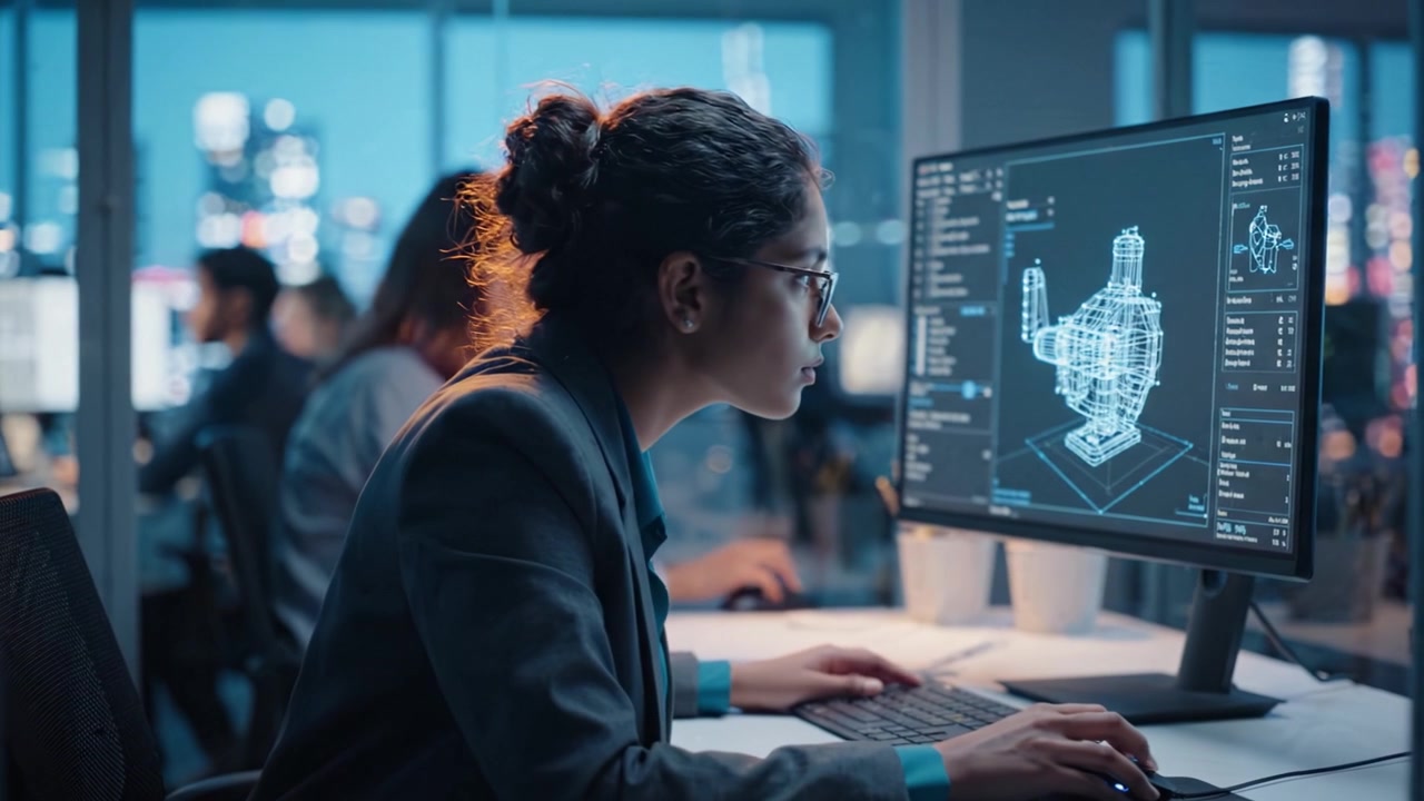 Focused designer analyzing complex 3D models on computer screen, showcasing a blend of creativity and technology in a modern urban workspace environment.