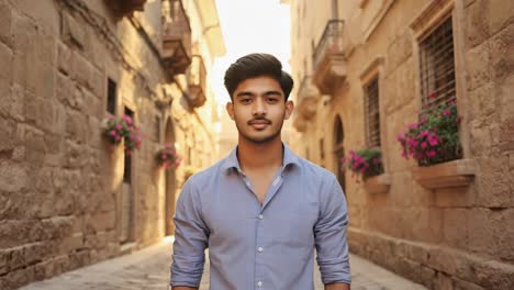 confident young businessman standing in a narrow, picturesque street of an old town, surrounded by charming stone walls and vibrant flower decorations on a sunny day