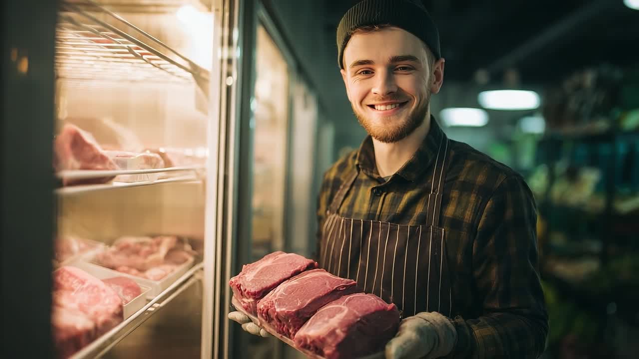 Açougueiro sorridente exibe cortes frescos de carne em um ambiente de mercado
