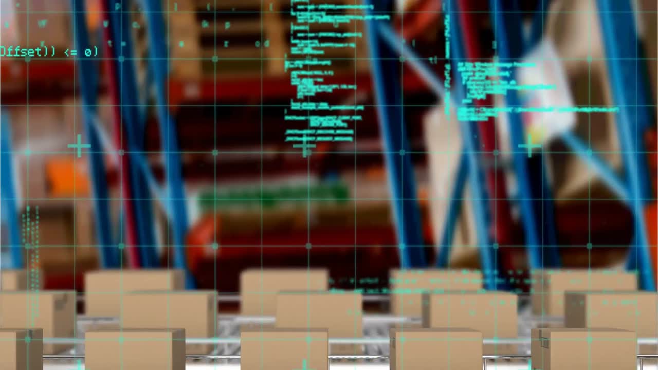 animación del procesamiento de datos sobre cajas de cartón en cintas transportadoras en el fondo