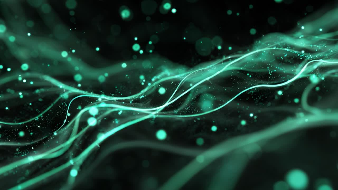 Digital futuristic animation with glowing green light streaks and bokeh particles flowing in a wavy motion against a dark background, representing technology, data, or energy transfer