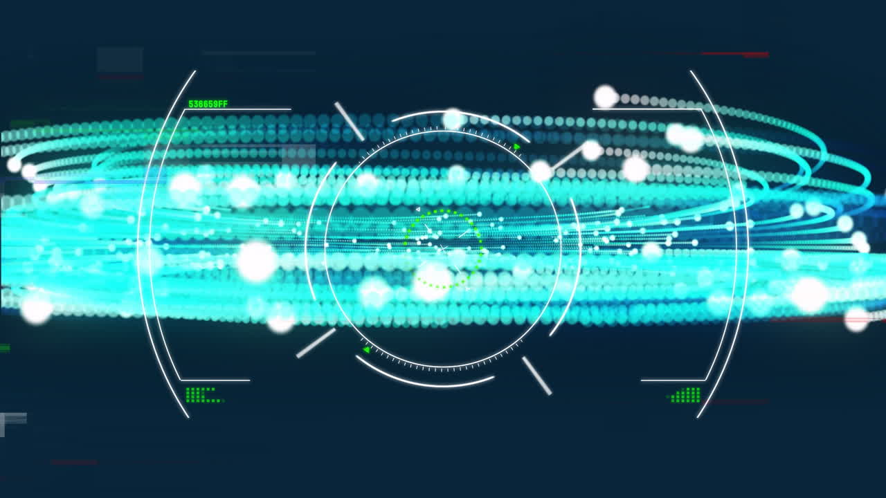 Animation of glowing circles and lines in blue and green on digital interface