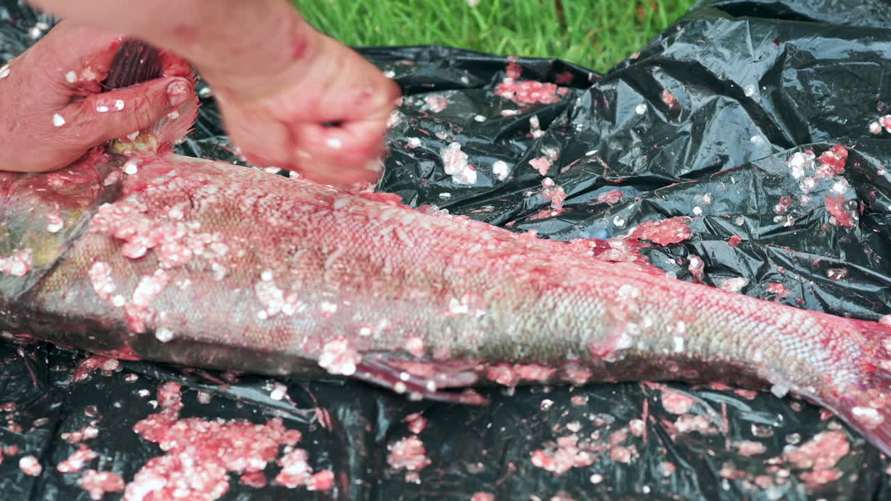 Man holding fish head while scraping scales off the skin outdoors