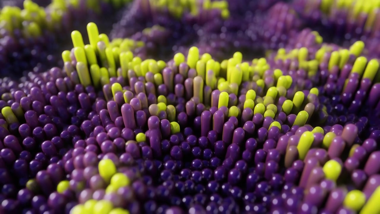 Animazione 3D Astratta di Cilindri Viola e Gialli in Movimento