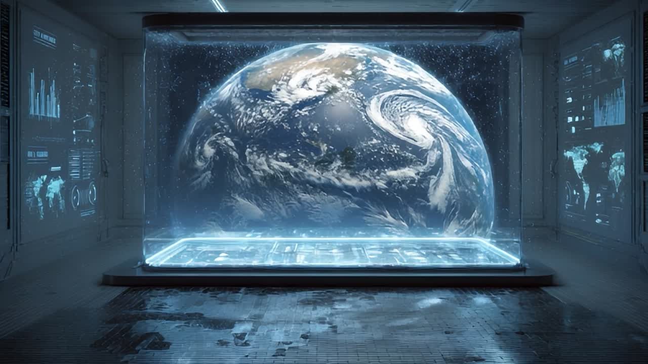 High-tech control room with a view of Earth from space