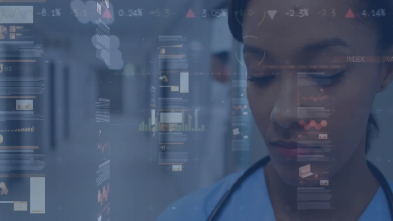 Animation of financial data processing and statistics over biracial female doctor