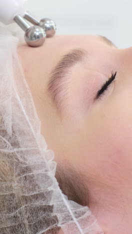 closeup vertical shot of beautician performing mesotherapy treatment with specialized equipment. close-up vertical shot of beautician performing mesotherapy treatment with specialized equipment, targeting wrinkle reduction and skin rejuvenation on female client forehead. shooting in