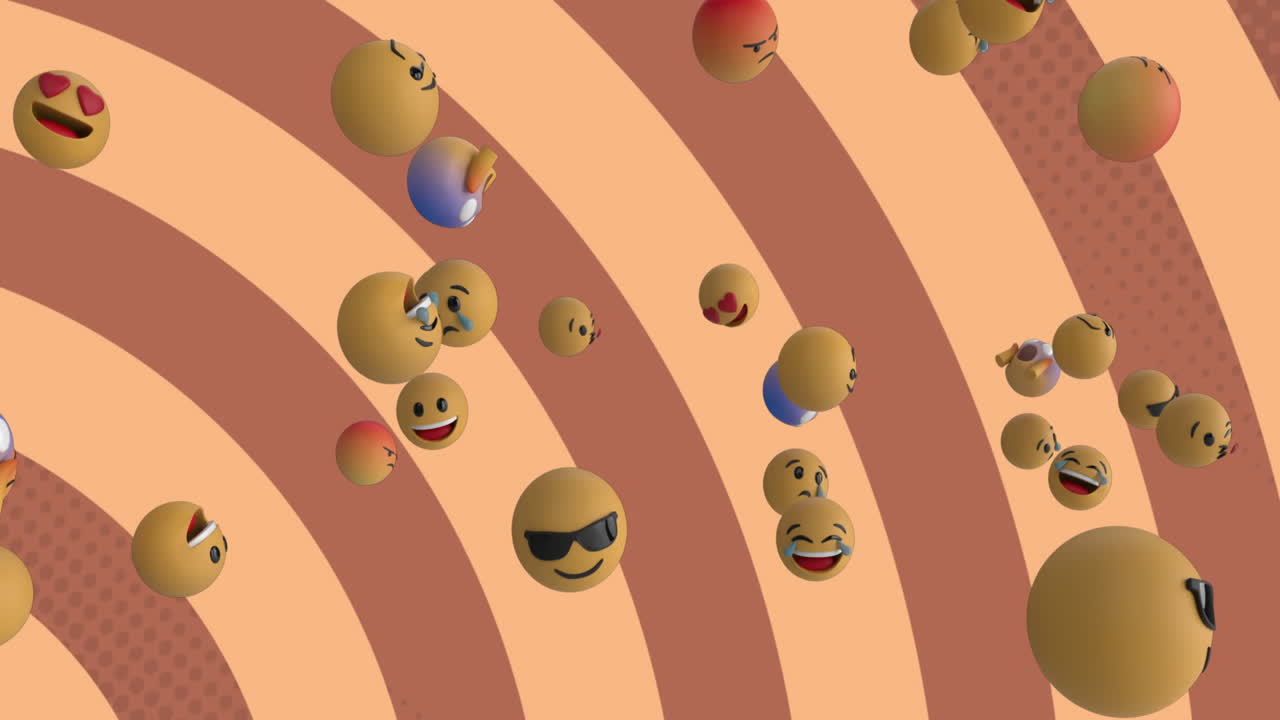 Animation of multiple emoji icons floating on rotating in seamless loop