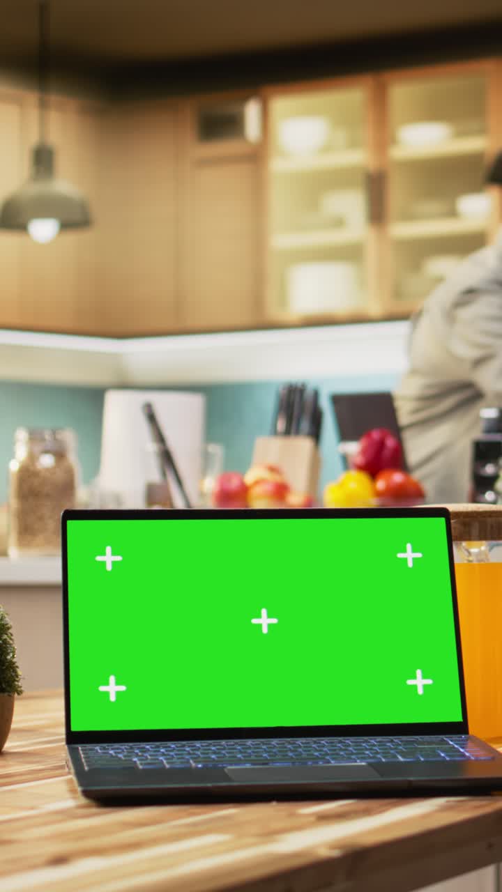 Vertical Video Green screen on laptop near parents and kids preparing homemade pizza