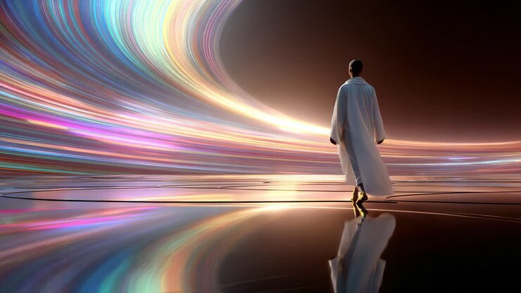 Uma figura vestida com um manto branco esvoaçante entra confiante em um fluxo de luz vívido e colorido, personificando uma mistura de elegância futurista e introspecção serena em um cenário de cores radiantes e giratórias.