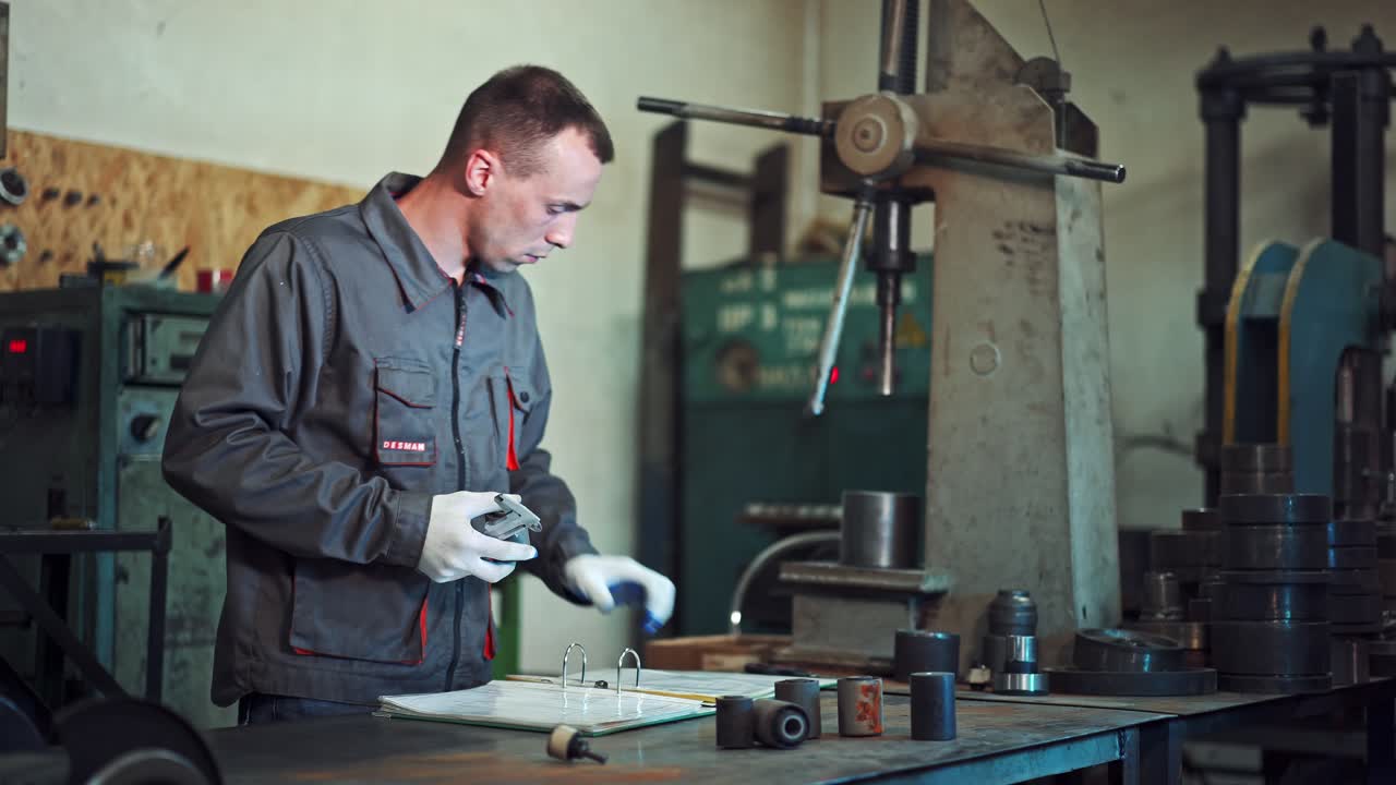 Worker measuring metal part in factory. Workman checking measures with digital caliper