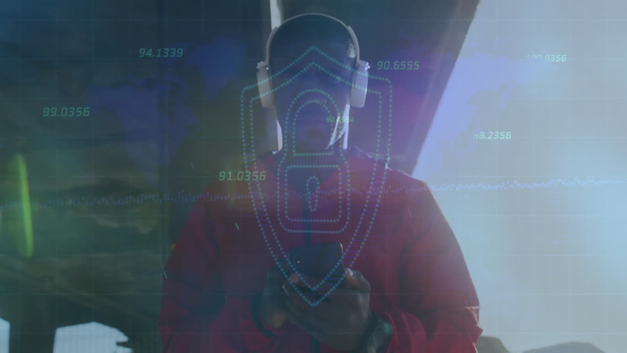 Person using smartphone with digital security shield and data animation overlay