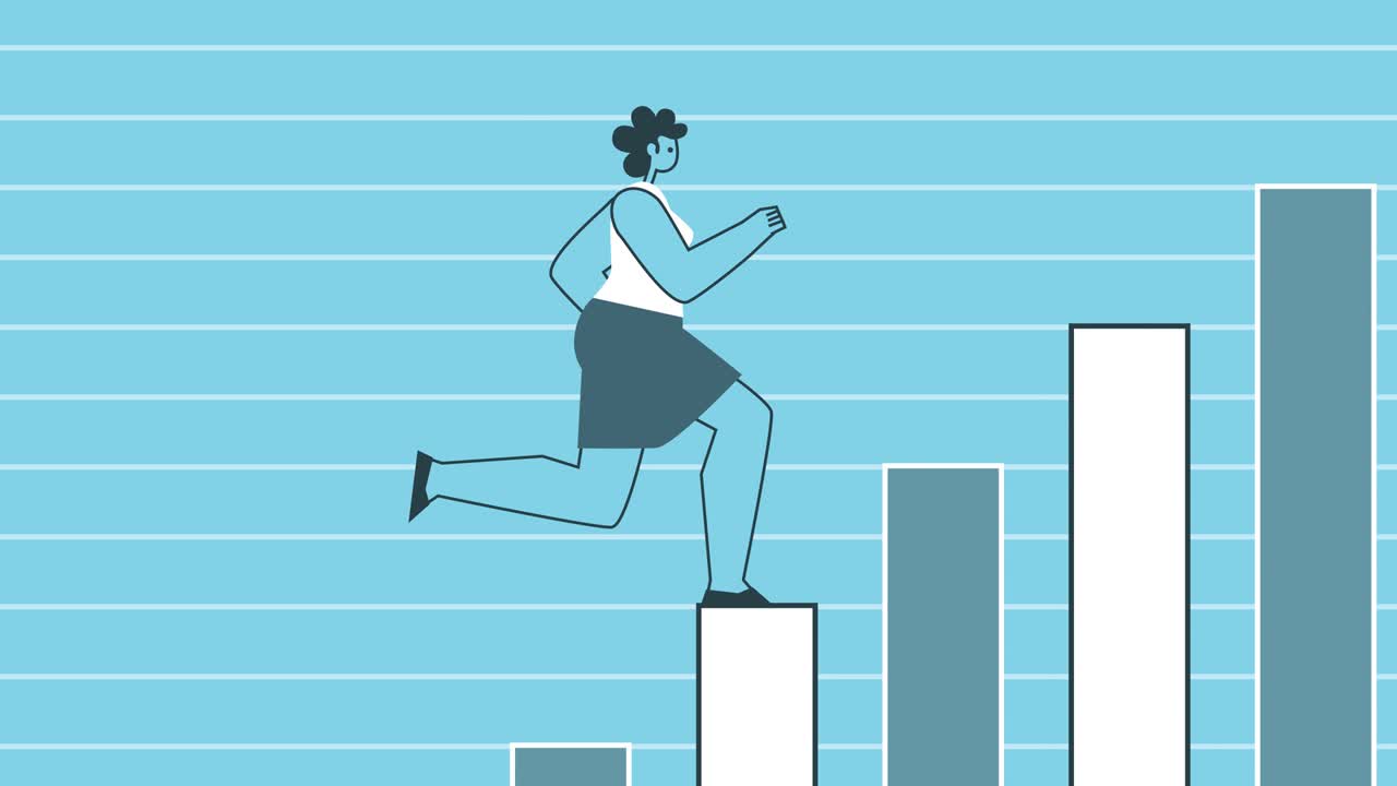 Flat woman character runs up the schedule. Career Growth and Business Concepts. Flat Design Cartoon Character Isolated Loop 2d Animation