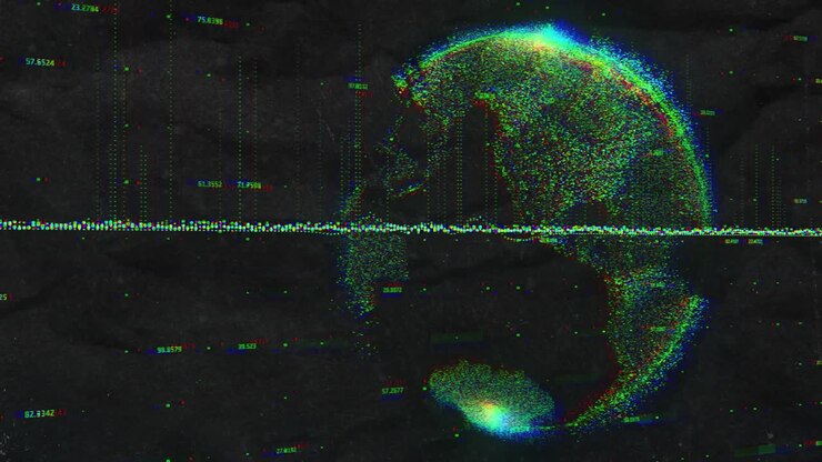 Starting with scattered dots on axis, digital globe forming, rotating, dissolving to visualize data