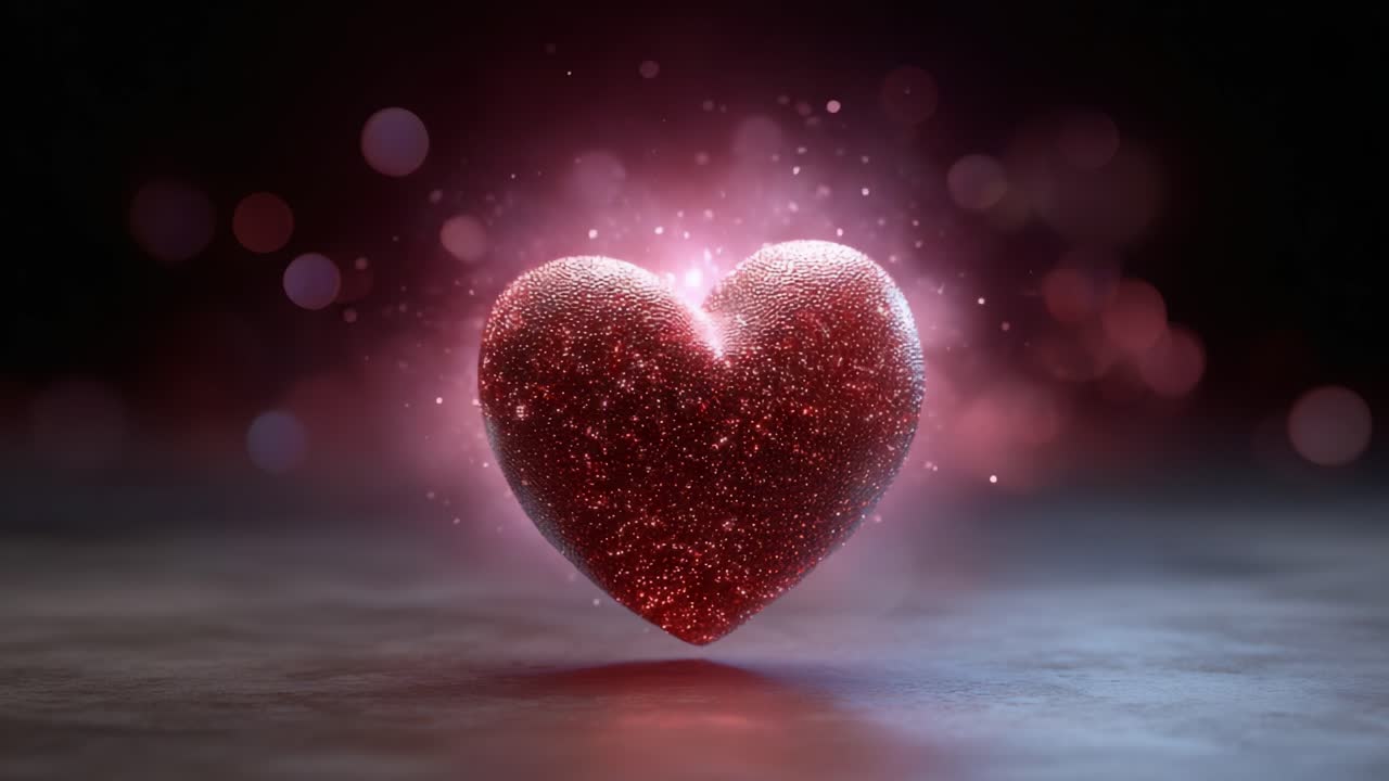 Un cuore scintillante circondato da particelle luccicanti, che emana una luce calda ed evoca sensazioni di amore, passione e connessione emotiva in un ambiente suggestivo