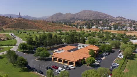 Wide-reverse-pullback-shot-of-a-California-mortuary