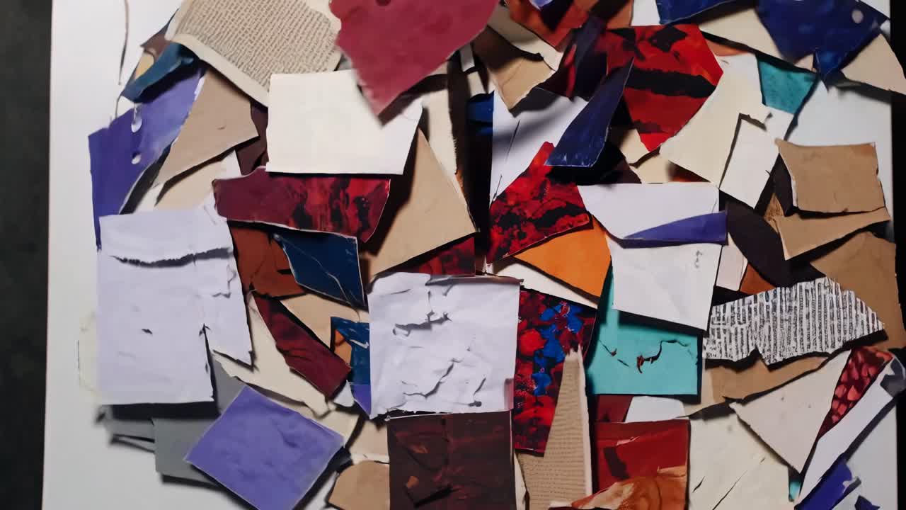 Abstract Collection of Colorful Torn Paper and Fabric Scraps