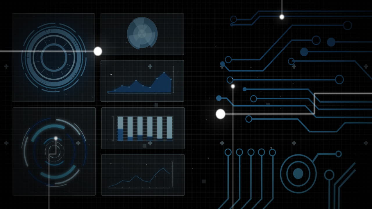 Graphs and circuit board animation over dark digital interface background