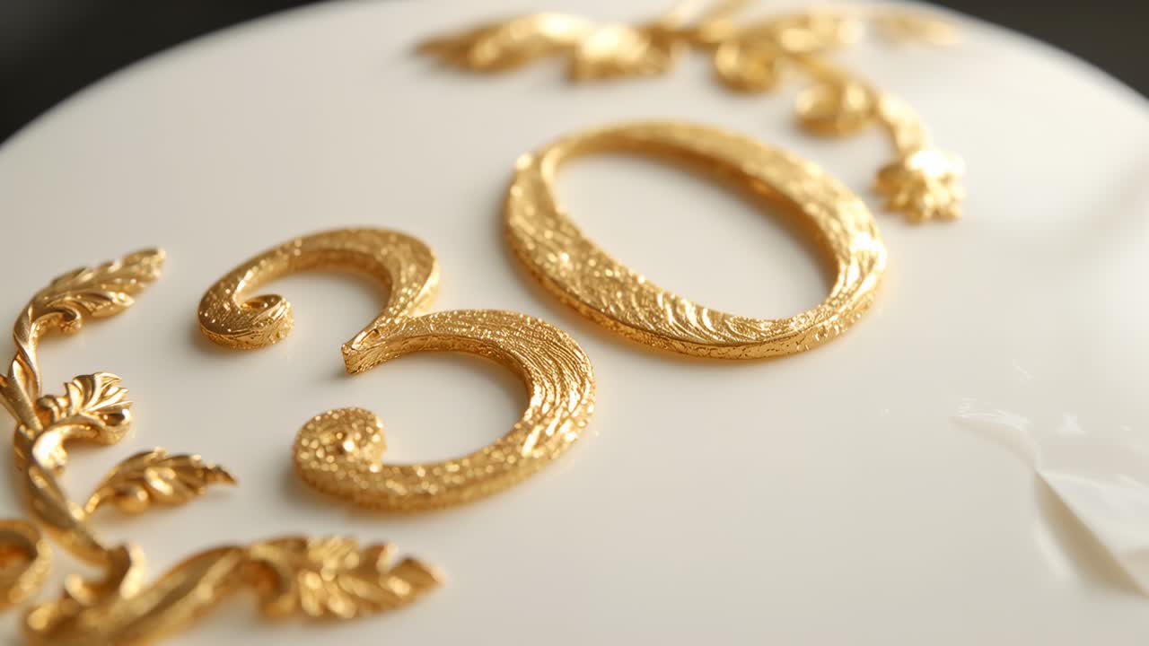 Moving camera revealing textured gold numerals 30 on white cake top at studio, highlighting foliage