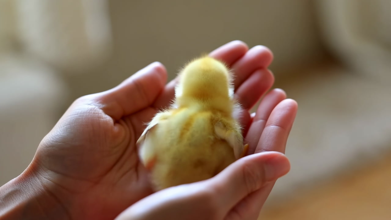 Yellow Chick In Cupped Hands, Hobby Farmer Gently Cradles Tiny Newborn Chick Indoors With Warm Soft Lighting,