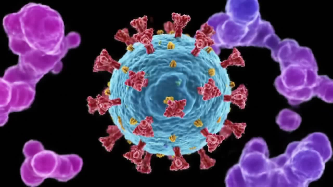 Intricate Visualization of a Virus Particle Revealing Its Complex Structure and Surrounding Elements in Stunning Detail and Colorful Representation