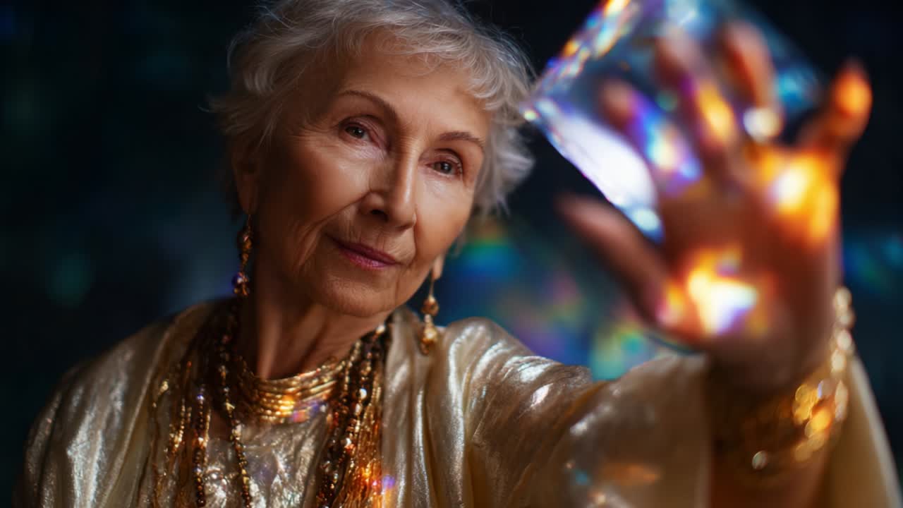 An Elegant Elderly Woman Capturing Light Through a Prismatic Glass with Grace and Poise, Radiating Wisdom and Reflection of Life's Colors in a Dazzling Display of Beauty