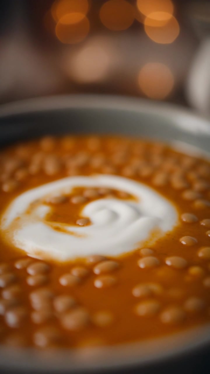 Nærbillede af cremet tomatsuppe med bønner og creme fraiche