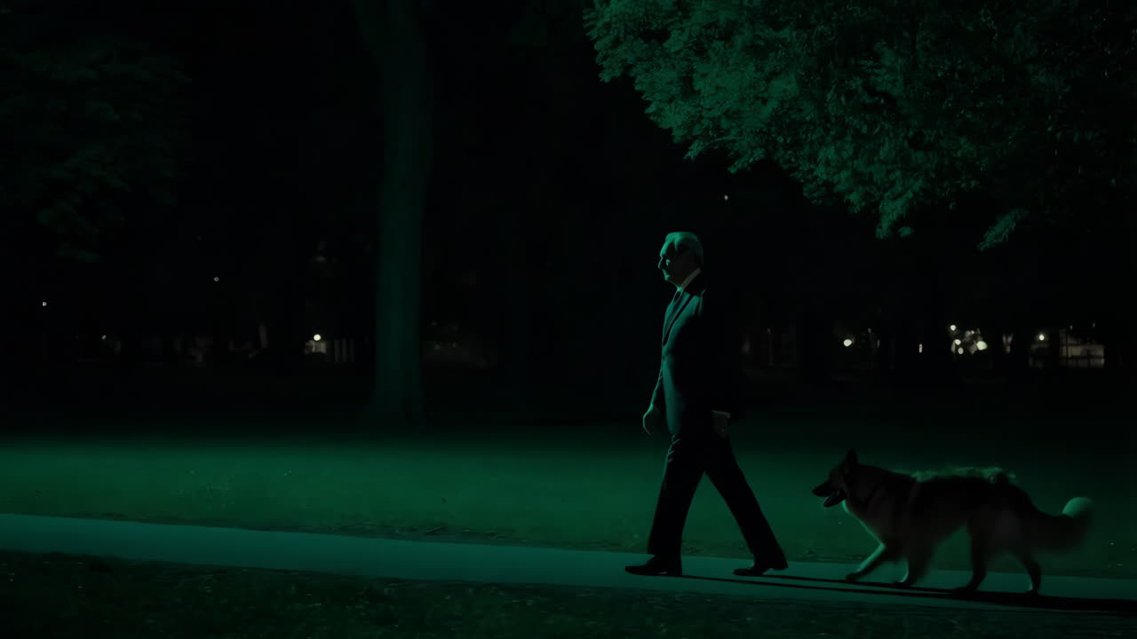 A man walks his dog in a park at night under green lighting